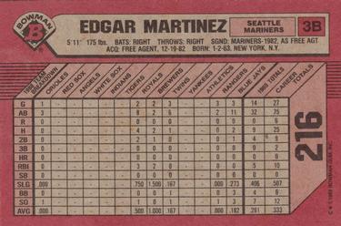 1989 Bowman #216 Edgar Martinez Back