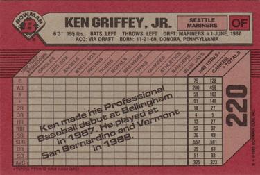 1989 Bowman #220 Ken Griffey, Jr. Back