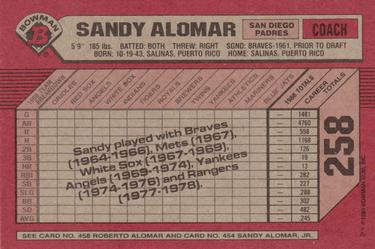 1989 Bowman #258 Sandy Alomar / Roberto Alomar / Sandy Alomar, Jr. Back