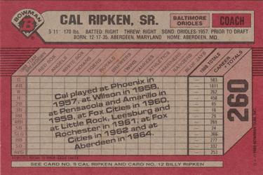 1989 Bowman #260 Cal Ripken, Sr. / Billy Ripken / Cal Ripken, Jr. Back