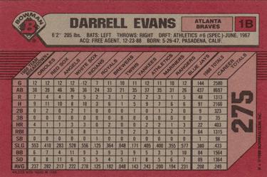 1989 Bowman #275 Darrell Evans Back