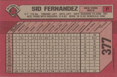1989 Bowman #377 Sid Fernandez Back