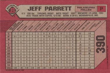 1989 Bowman #390 Jeff Parrett Back