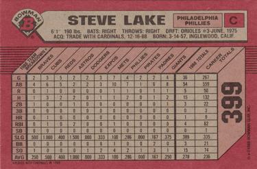 1989 Bowman #399 Steve Lake Back