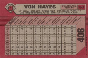 1989 Bowman #406 Von Hayes Back