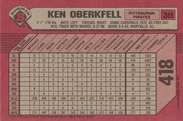 1989 Bowman #418 Ken Oberkfell Back