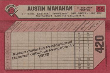 1989 Bowman #420 Austin Manahan Back