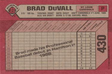 1989 Bowman #430 Brad DuVall Back