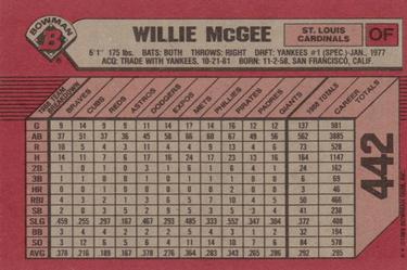1989 Bowman #442 Willie McGee Back