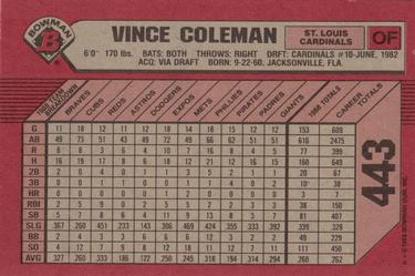 1989 Bowman #443 Vince Coleman Back