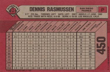 1989 Bowman #450 Dennis Rasmussen Back