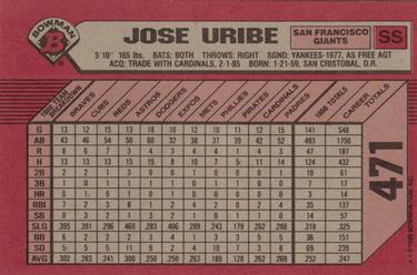 1989 Bowman #471 Jose Uribe Back