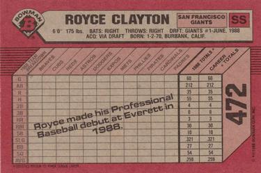1989 Bowman #472 Royce Clayton Back