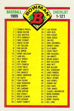 1989 Bowman #481 Checklist: 1-121 Front