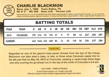 2016 Donruss - Career Stat Line #103 Charlie Blackmon Back
