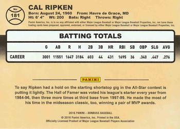 2016 Donruss - Career Stat Line #181 Cal Ripken Jr. Back