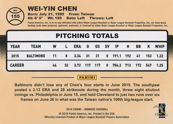 2016 Donruss - Season Stat Line #155 Wei-Yin Chen Back