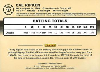 2016 Donruss - Season Stat Line #181 Cal Ripken Jr. Back