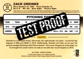 2016 Donruss - Test Proof Magenta #54 Zack Greinke Back