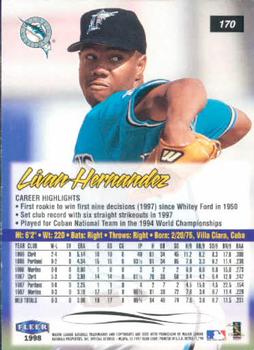 1998 Ultra #170 Livan Hernandez Back