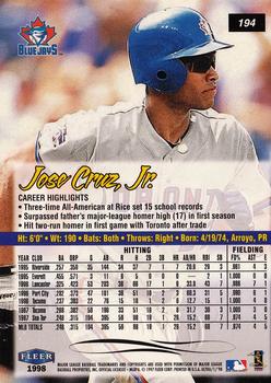 1998 Ultra #194 Jose Cruz Jr. Back