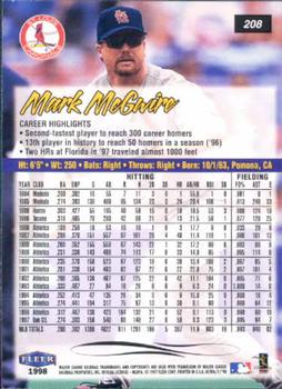 1998 Ultra #208 Mark McGwire Back