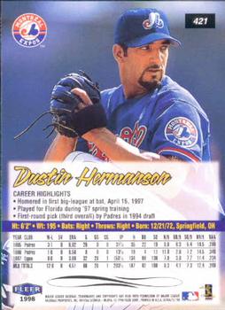 1998 Ultra #421 Dustin Hermanson Back