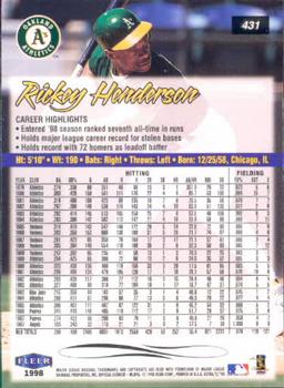 1998 Ultra #431 Rickey Henderson Back