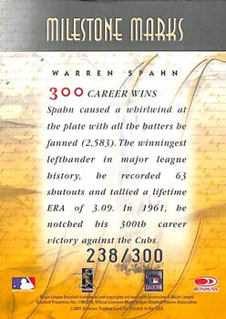 2001 Donruss Signature - Milestone Marks #NNO Warren Spahn Back