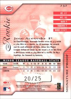 2001 Donruss Signature - Proofs #232 Jose Acevedo  Back