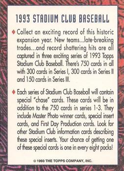 1993 Stadium Club - Info Cards #NNO Info Card: 1993 Stadium Club Baseball Back