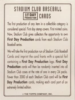 1993 Stadium Club - Info Cards #NNO Info Card: First Day Production Cards Back