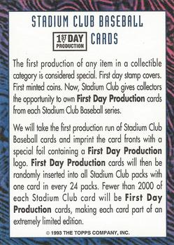 1993 Stadium Club - Info Cards #NNO Info Card: First Day Production Cards Back