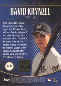 2001 Finest - Autographs #FA-DK Dave Krynzel  Back