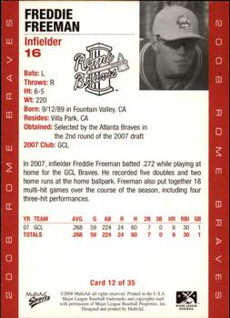 2008 MultiAd Rome Braves #12 Freddie Freeman Back