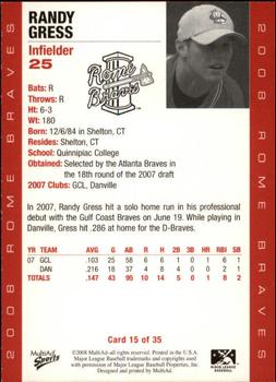 2008 MultiAd Rome Braves #15 Randy Gress Back