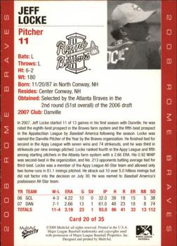 2008 MultiAd Rome Braves #20 Jeff Locke Back