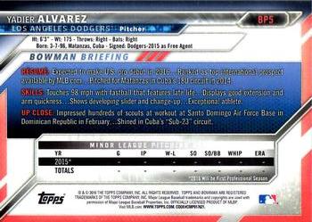 2016 Bowman - Prospects #BP5 Yadier Alvarez Back