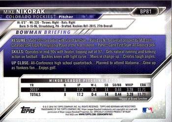 2016 Bowman - Prospects #BP81 Mike Nikorak Back