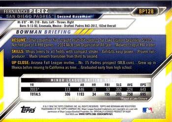 2016 Bowman - Prospects #BP128 Fernando Perez Back