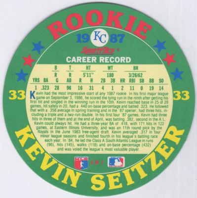 1987 Sportflics Rookie Discs #3 Kevin Seitzer Back