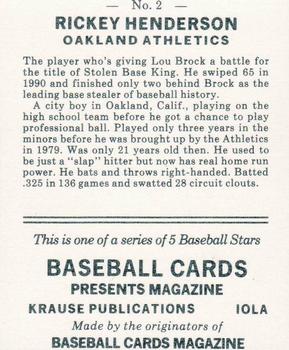 1991 Baseball Cards Presents Baseball Card Boom Repli-cards #2 Rickey Henderson Back