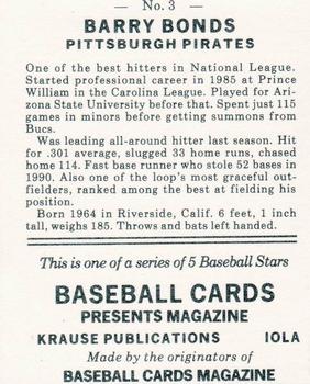 1991 Baseball Cards Presents Baseball Card Boom Repli-cards #3 Barry Bonds Back