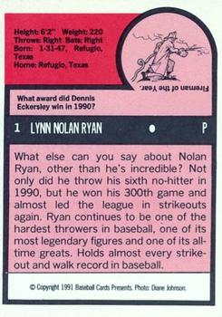 1991 Baseball Cards Presents Superstar and Rookie Special Repli-Cards #1 Nolan Ryan Back