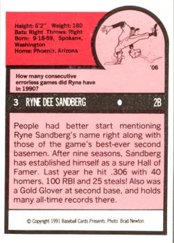 1991 Baseball Cards Presents Superstar and Rookie Special Repli-Cards #3 Ryne Sandberg Back