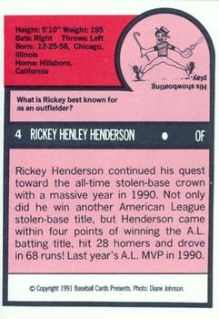 1991 Baseball Cards Presents Superstar and Rookie Special Repli-Cards #4 Rickey Henderson Back