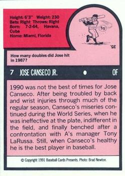 1991 Baseball Cards Presents Superstar and Rookie Special Repli-Cards #7 Jose Canseco Back