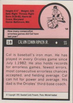 1991 Baseball Cards Presents Superstar and Rookie Special Repli-Cards #18 Cal Ripken Jr. Back
