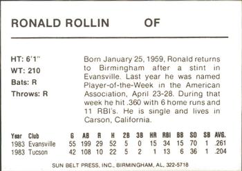 1985 Sun Belt Press Birmingham Barons #NNO Rondal Rollin Back