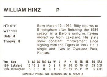 1985 Sun Belt Press Birmingham Barons #NNO Bruce Hinz Back